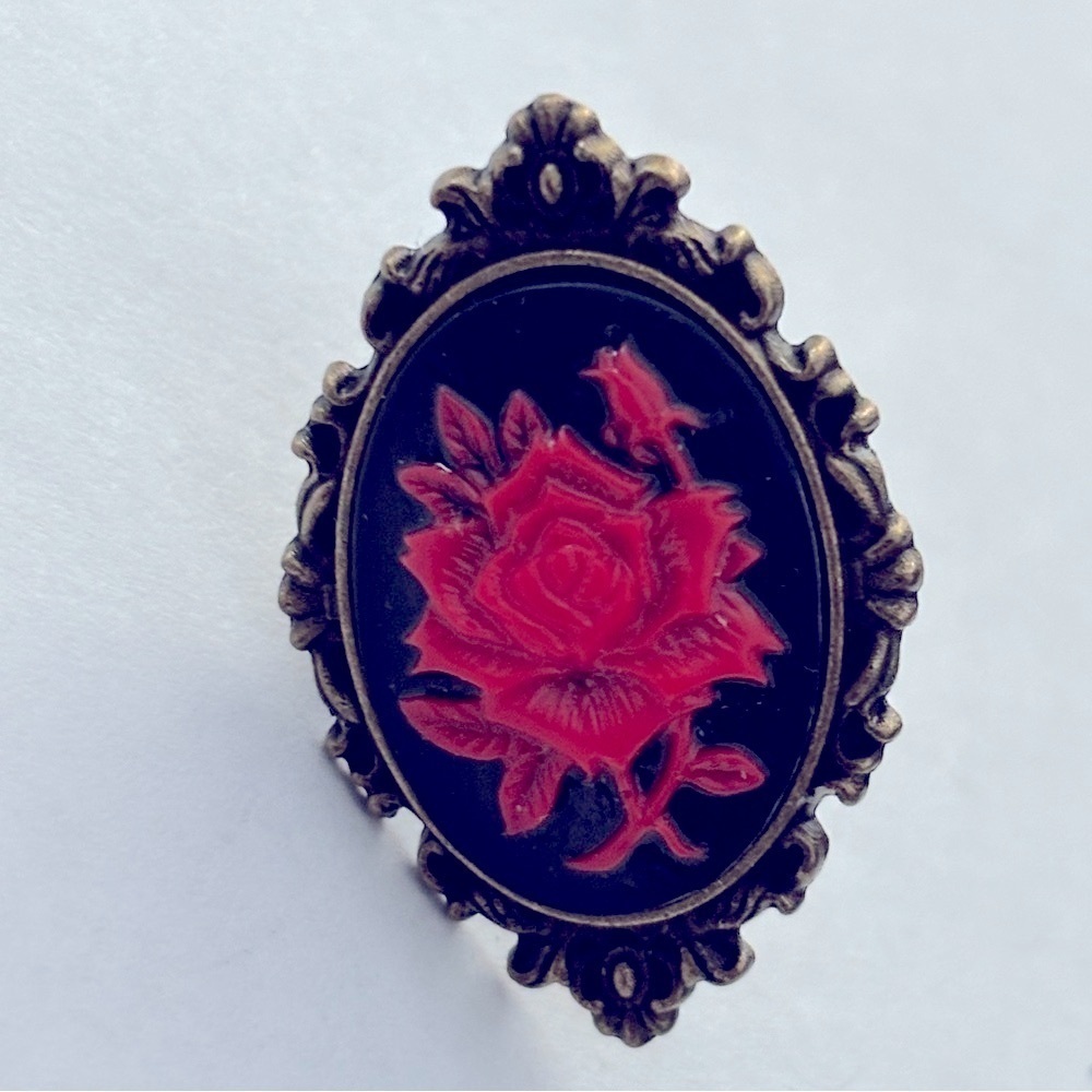Black and Red Rose Cameo Adjustable Ring, Handmade, NWT, Unworn - Picture 2 of 3